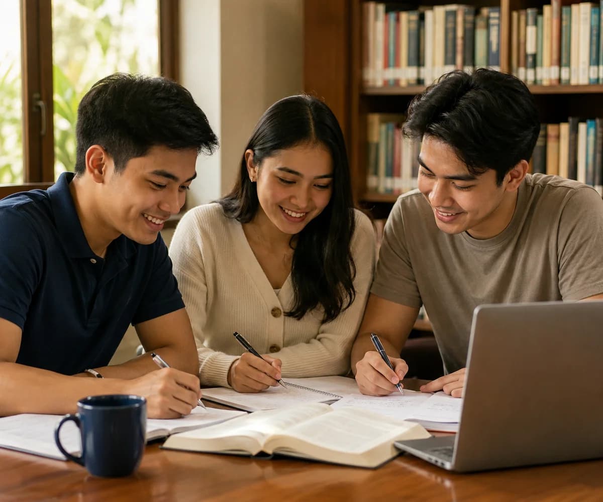 Students studying together around a library table