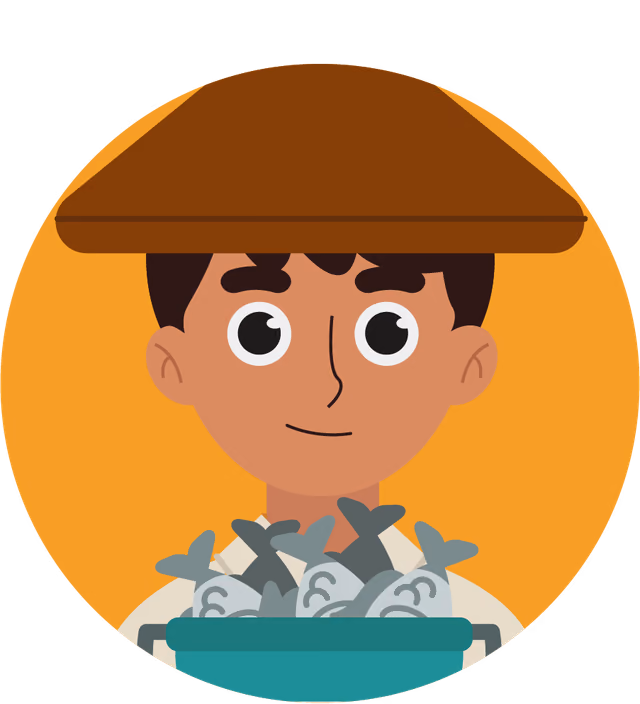 Illustration of a fisheries professional holding a basket of fish